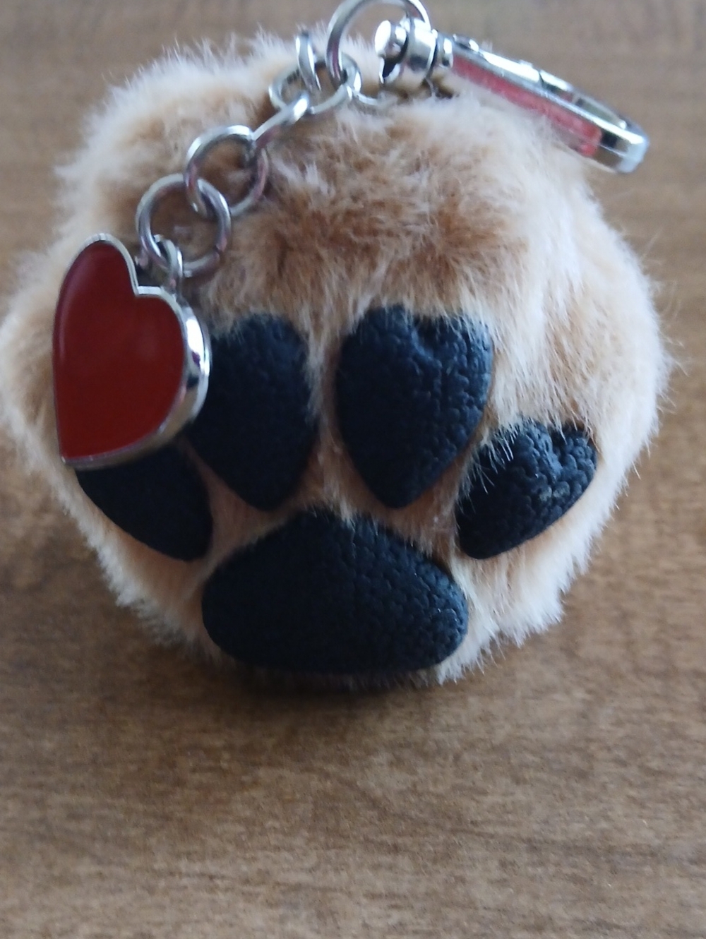 Faux Fur Paw Print Keychain with Red Heart Charm